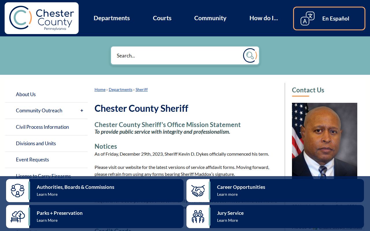 Chester County Sheriff official page for sheriff-held arrest and warrant records