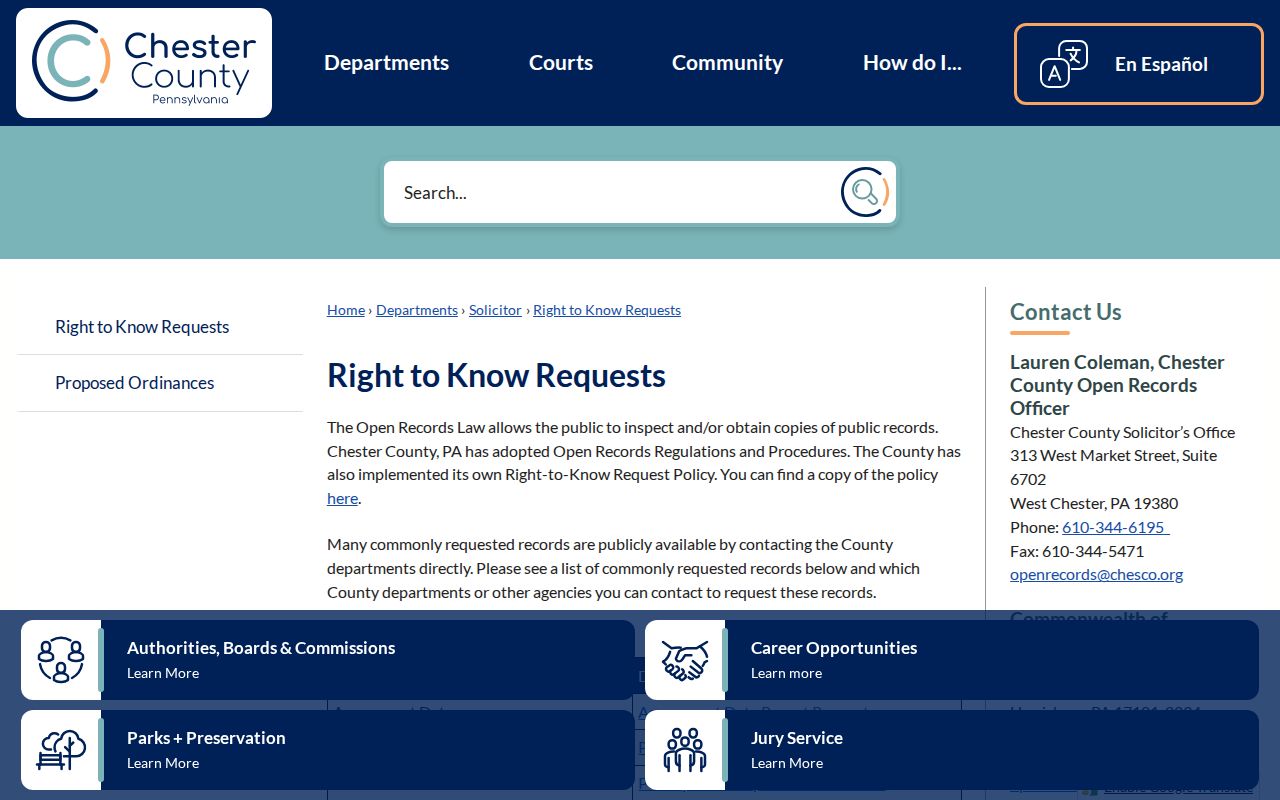 Chester County Right-to-Know request page for targeted county arrest records