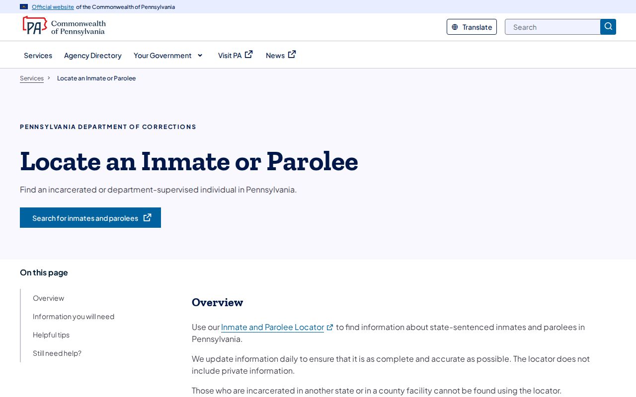 PA DOC official instructions for locating a state inmate or parolee