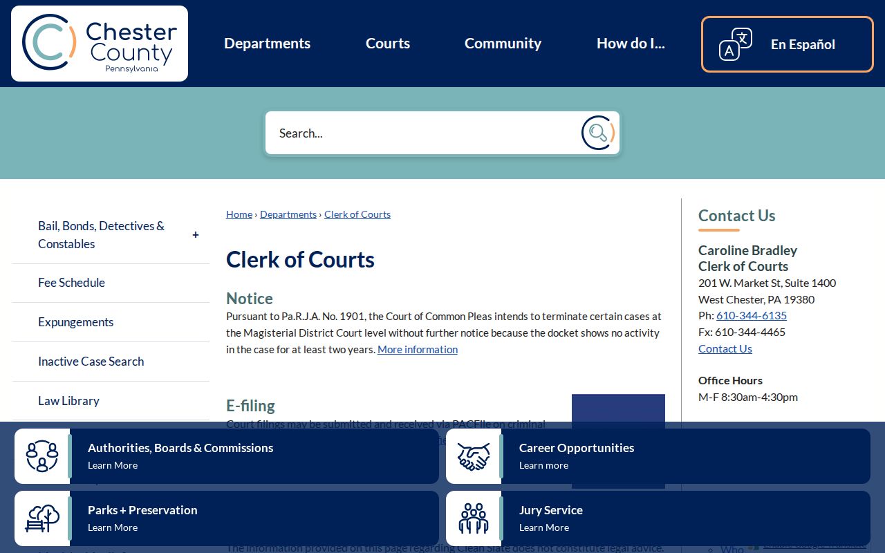 Chester County Clerk of Courts page for criminal case records
