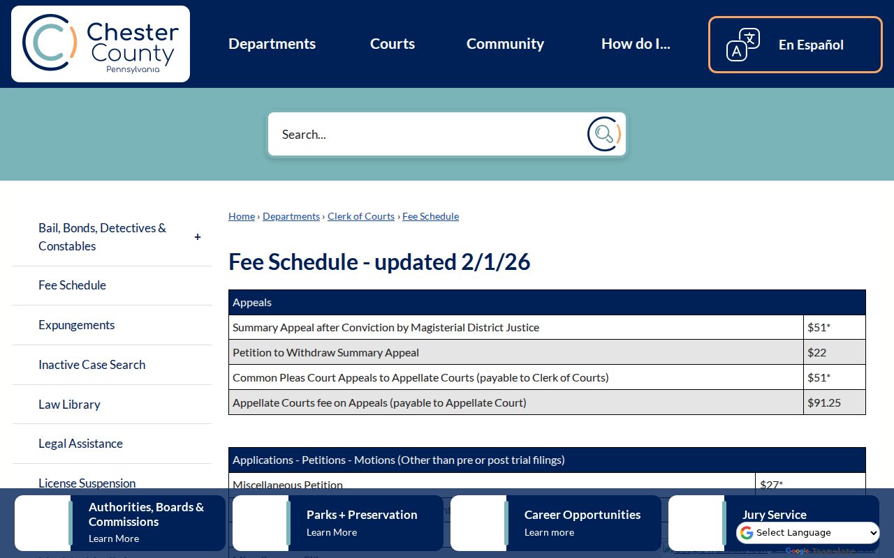 Chester County Clerk criminal court copy and search fee schedule