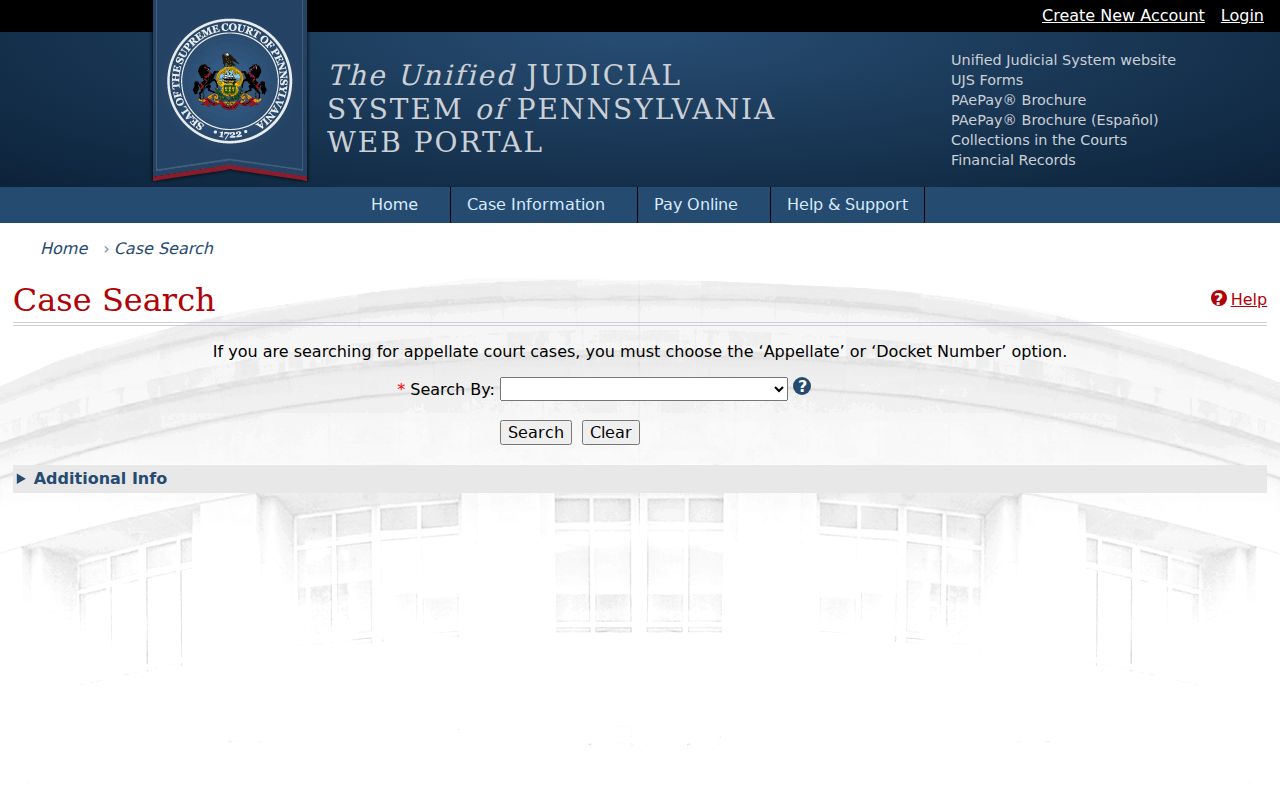 Unified Judicial System public docket search used for Chester County criminal court cases
