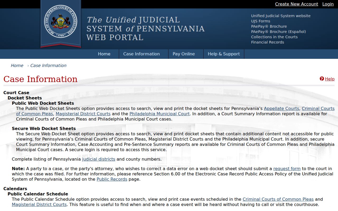 UJS case information options for Chester County court records