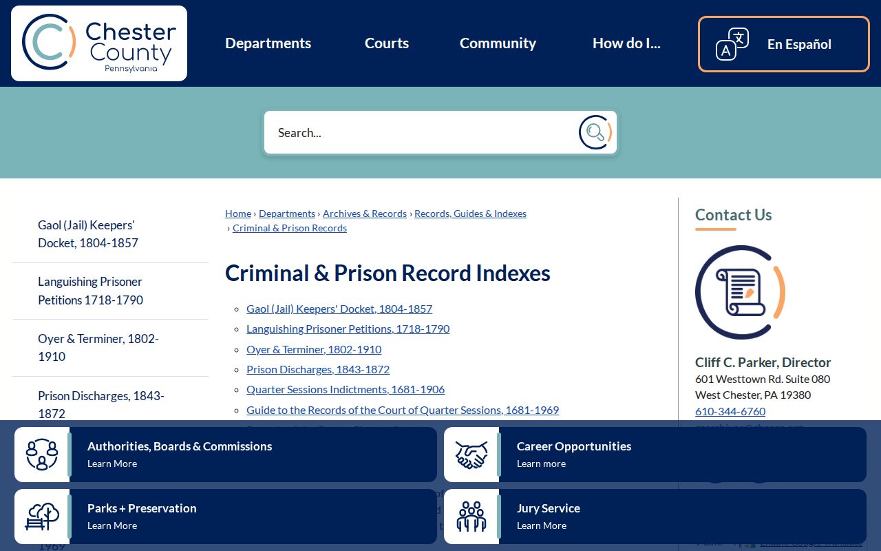 Chester County criminal history archive indexes