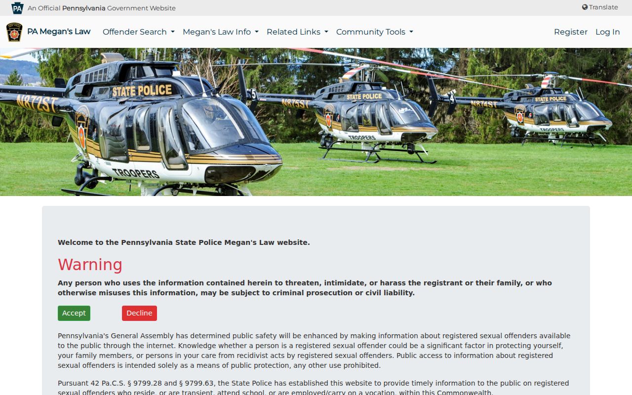 Chester County sex offender search on Pennsylvania Megan's Law website