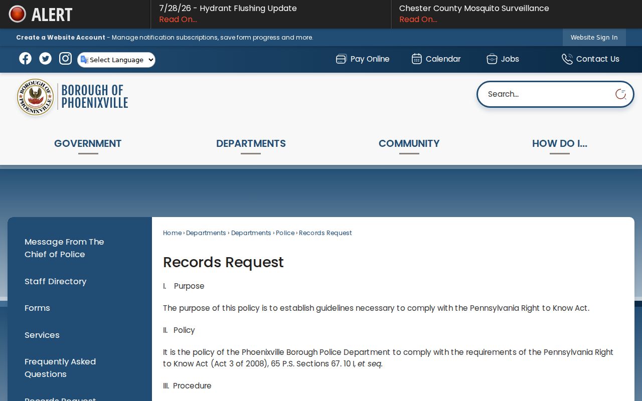 Phoenixville criminal records request information